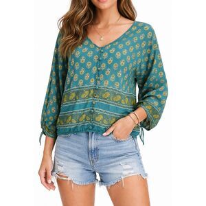 Cynthia Rowley Green Paisley Peasant Blouse Cotton Boho Size Small